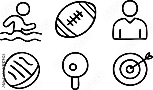 Outline icons for popular sports: swimming, football, basketball, target, ping pong.
