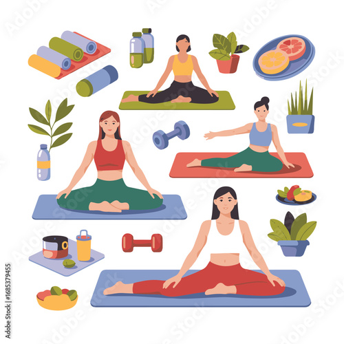 Women doing yoga and meditation on mats with healthy food and fitness equipment, promoting wellness technology background