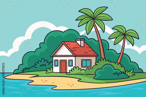 Cartoon beach house with palm trees and ocean view shows summer fun