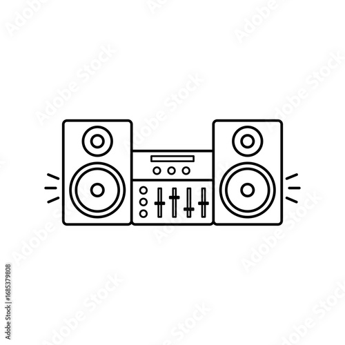 A black line drawing shows two speakers and a mixer suggesting audio equipment Each speaker has two circular elements and stylized sound waves The mixer has controls. Editable stroke