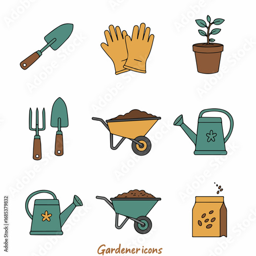 Colorful set of gardening tools and equipment icons, including trowels, gloves, potted plant, wheelbarrows, watering cans, and seed packet for horticulture.