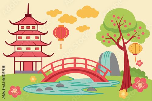 Red pagoda and arched bridge sit near a calming waterfall with lanterns