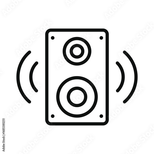 A black outlined speaker with two circular components Curved soundwaves emanate outwards Four corner dots. Editable stroke. Vector illustration