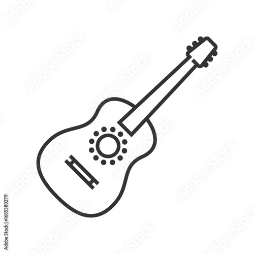 A blackoutlined guitar is angled on a white background The guitar has a sound hole with dots. Editable stroke. Vector illustration