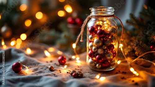A cozy jar filled with colorful Christmas ornaments, illuminated by warm lights, creating a festive, inviting atmosphere.