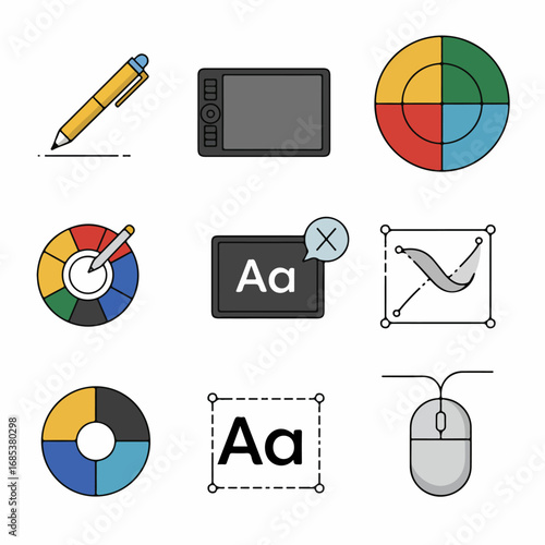 Graphic Design Tools and Creative Process Icons Set: Digital Art, Typography, Color Palettes, and Vector Drawing Elements for Creativity.