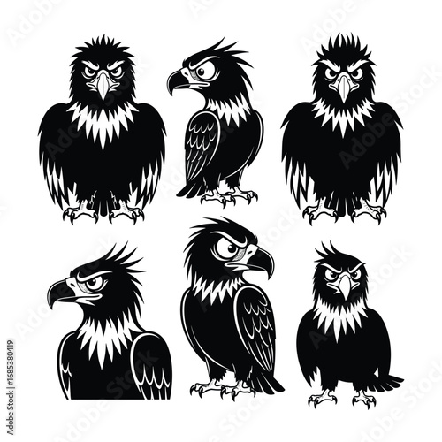 Six black eagle illustrations in various poses and perspectives bird raptor