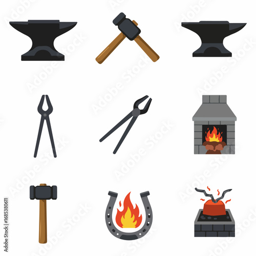 Flat design icons depicting various blacksmithing tools and elements like anvils, hammers, tongs, and a fiery forge, on a white background.