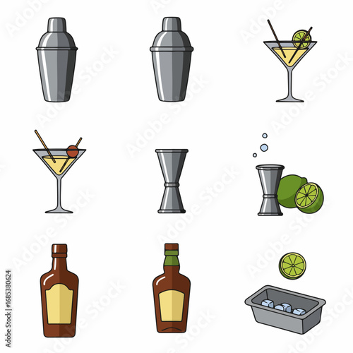 Essential Cocktail and Bar Tools Vector Icons Collection. Featuring shakers, jiggers, martini glasses, liquor bottles, limes, and ice cubes for mixology and drink preparation.