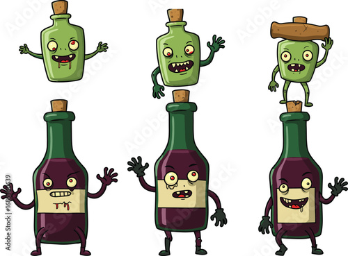 Funny cartoon zombie wine bottle and green potion bottle characters, spooky Halloween beverage mascots, creepy undead drink illustrations, playful Halloween bottle figures