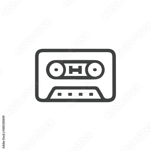 A cassette tape icon outlined in grey with rounded corners Two circular holes appear on the tapes body. Editable stroke. Vector illustration