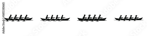 Silhouettes of Four People Rowing Canoes in Teamwork and Synchronization, Outdoor Water Sport Activity, Group Exercise and Coordination Concept Illustration