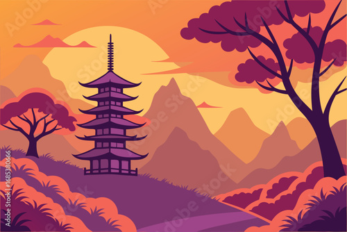 Five tiered pagoda stands peacefully amid mountains during a vibrant sunset backdrop landscape