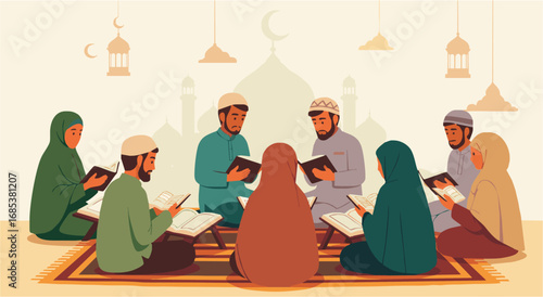 Cartoon vector illustration of Muslims reciting shalawat from Maulid books in a calm and blessed atmosphere
Simple cartoon vector illustration of a group of Muslims sitting together and reciting shala