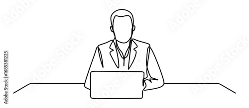 Continuous line art of a man in a business suit and working as a boss and owner of a company working in front of a laptop. Vector illustration