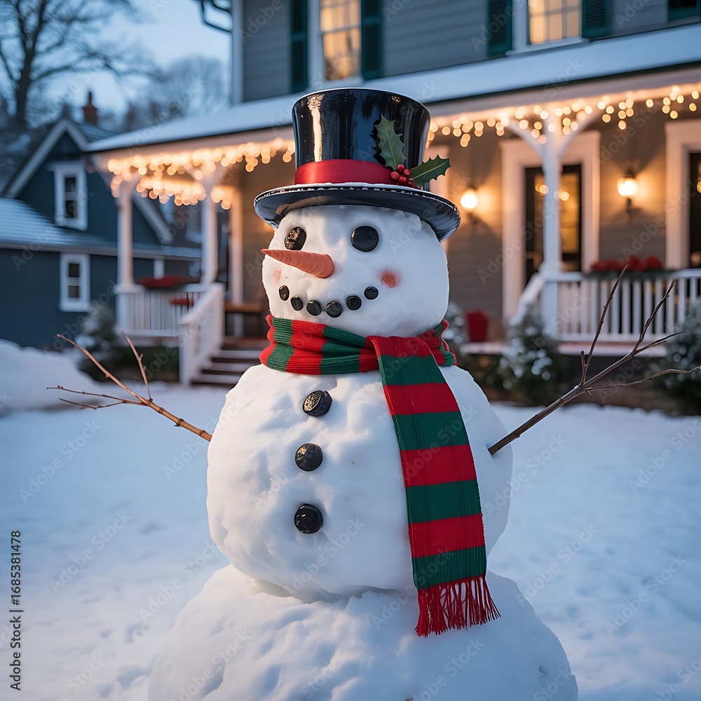 Obraz premium Festive Snowman on Snowy Porch Christmas Lights