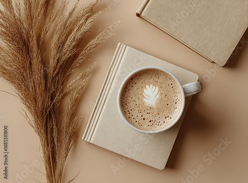 Aesthetic coffee latte art with book and pampas grass flatlay
