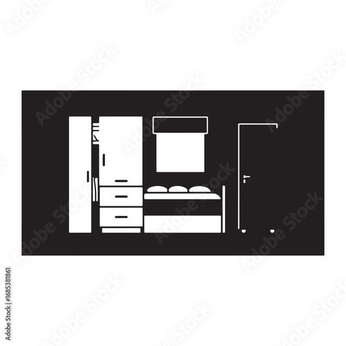 Minimalist Bedroom Design in Black and White Simple Room Layout with Bed Wardrobe and Door