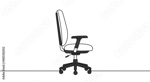 Continuous line drawing of a modern office chair, showcasing ergonomic design for workspace comfort and productivity