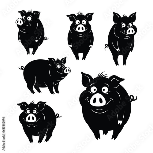 Six black cartoon pigs in various poses on a white background illustration
