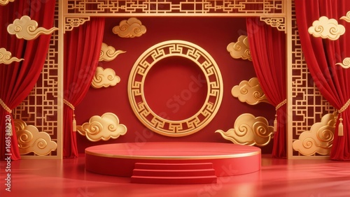 Elegant Red and Gold Stage with Traditional Chinese Design Elements