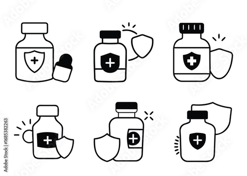 Monochrome Icon Set Representing Vaccines and Immunization with Protective Shields