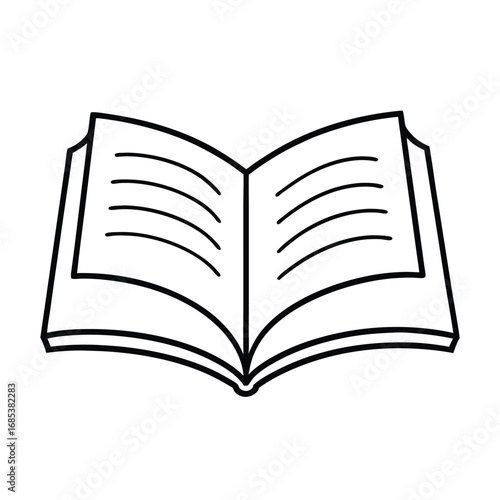A stylized open book illustration Black outline white fill Several curved lines represent text on each page. Editable stroke. Vector illustration