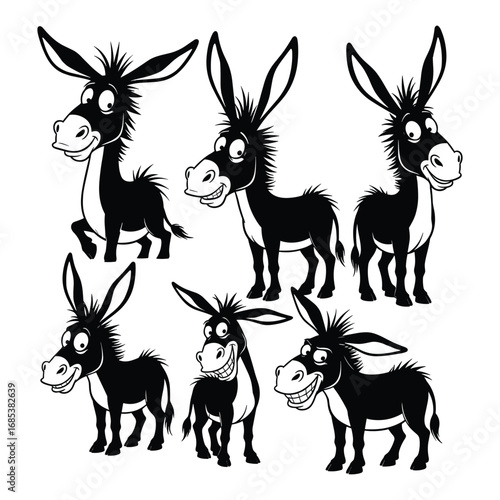 Six cartoon black donkeys with expressive faces and large ears on a white background mule animal