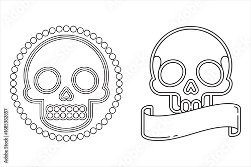 Two decorative skulls with ornate details and ribbon design silhouette white background