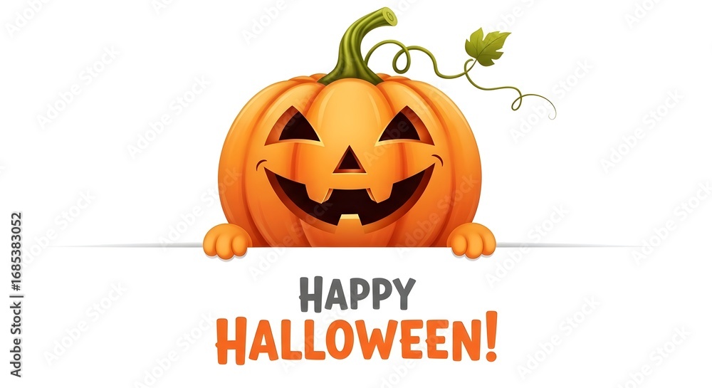 Naklejka premium Happy halloween greeting with a carved pumpkin jackolantern smiling and peeking over a white surface, isolated on white background