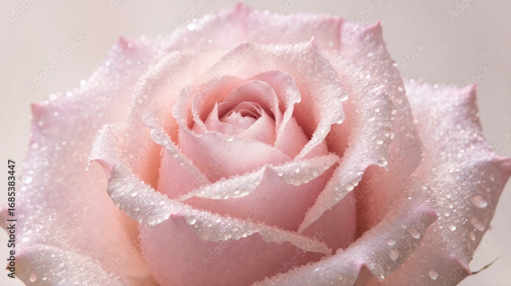 Fototapeta premium Close-up of a delicate pink rose covered in glistening water droplets
