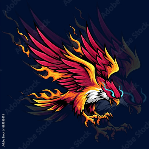 Mythical Phoenix Mascot Vector Fierce Flying Fire Bird Logo Illustration