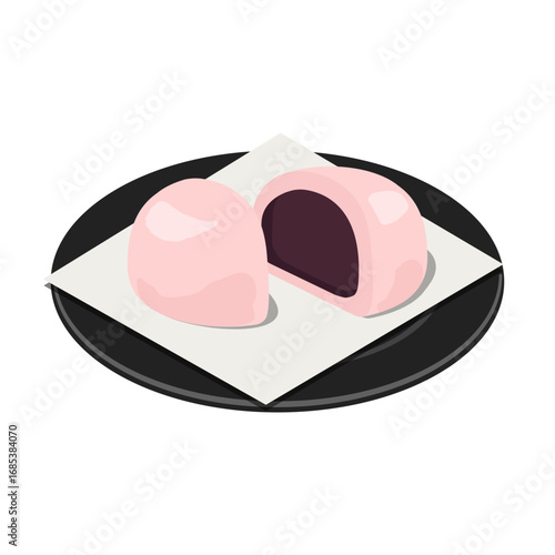 Pink manju with red bean paste filling on black round plate with white paper - flat vector illustration
