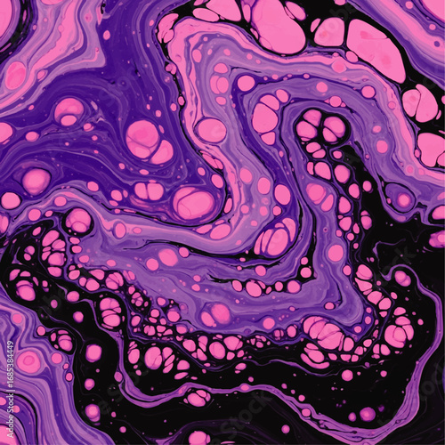 Close-up of a vibrant abstract fluid art painting with swirling purple and pink hues on a black background.