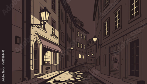 "A moody cartoon illustration of a quiet, narrow European city street at night. The view focuses on a two-story building with a 'NEON SHOP SIGNS' sign visible in the top left window. There are warm li