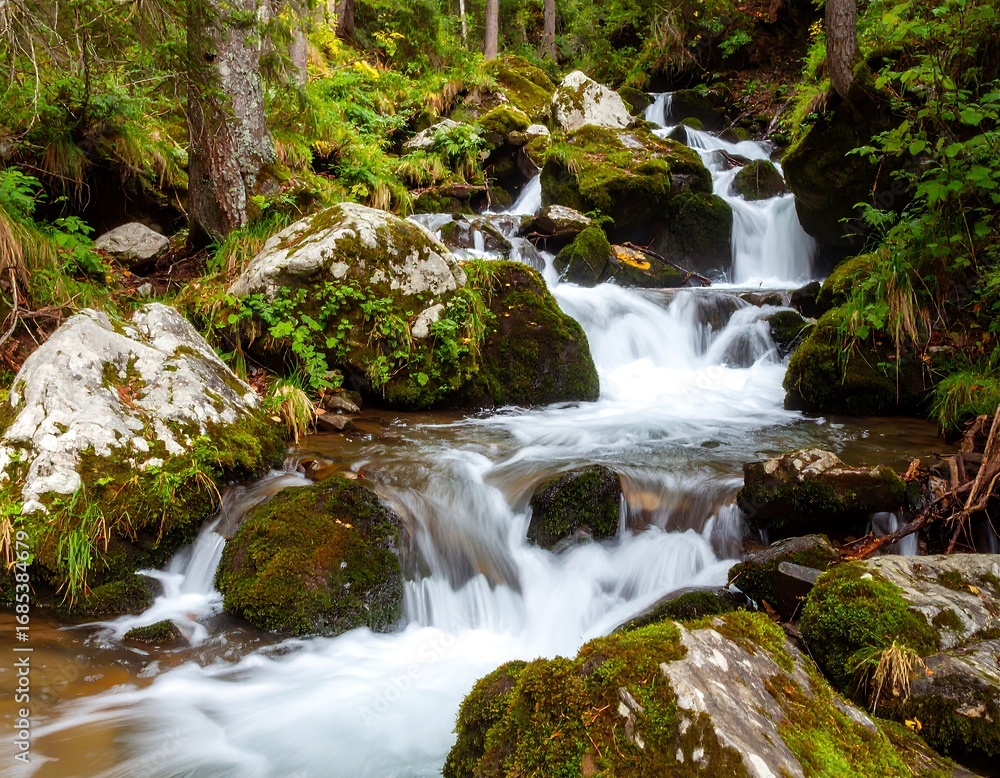 Fototapeta premium Cascading waterfall flows over moss-covered rocks in a serene forest setting. A tranquil mountain stream creates a beautiful display of nature's artistry.
