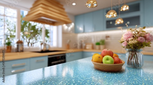 Modern kitchen interior with pastel blue terrazo style countertop  with woode cabinet, teal wall and soft lighting. Idea for product mockup and food presentation