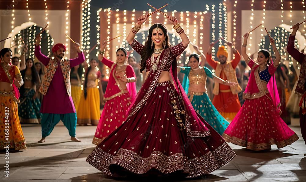 Naklejka premium Beautiful women dancing garba in colorful outfits during Navratri celebration