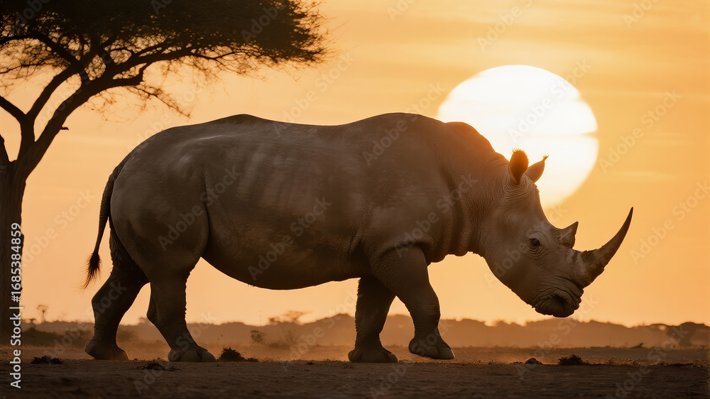 Fototapeta premium The ghostly, transparent silhouette of a rhino walking on a savanna
