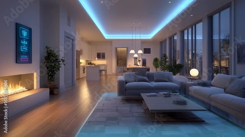 Modern Stylish Living Room with Ambient Lighting and City View