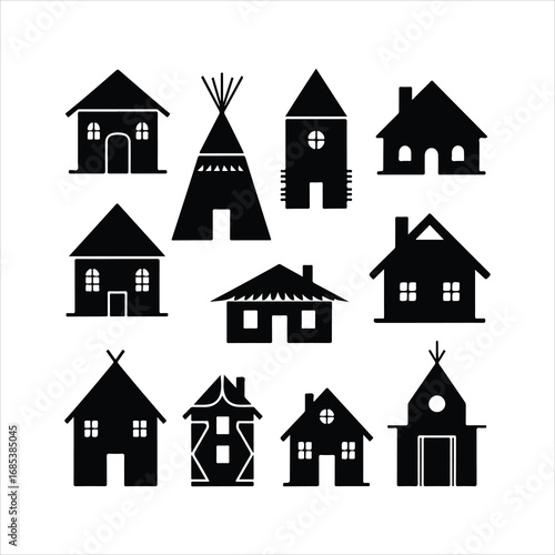 Collection of black silhouette house icons and a teepee on a white background home building