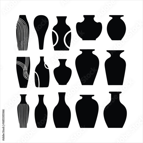 Collection of black silhouette vases with varied shapes and decorative lines white