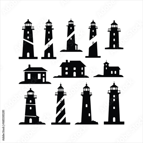 Collection of black lighthouse and building silhouettes on white background architecture maritime