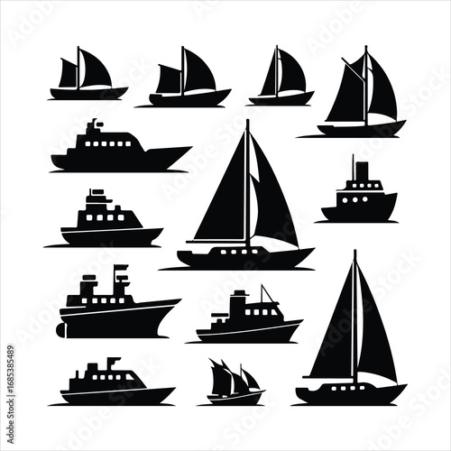 Collection of black silhouette boat and ship icons on white background sailing yacht