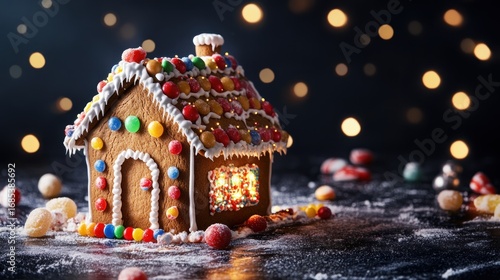 Gingerbread house decorated with colorful candies