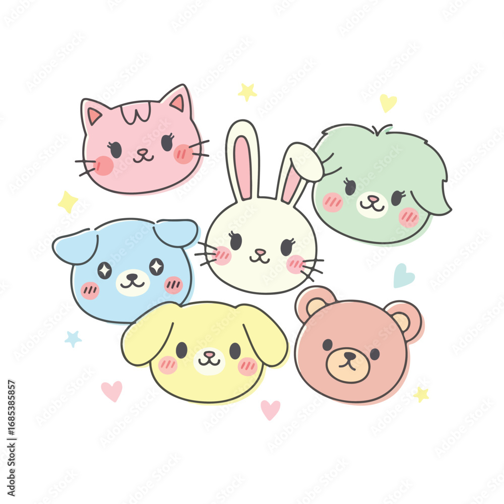 Fototapeta premium Cute Kawaii Animal Faces Collection Pink Cat Yellow Dog Blue Dog White Rabbit Green Dog Pink Bear illustration