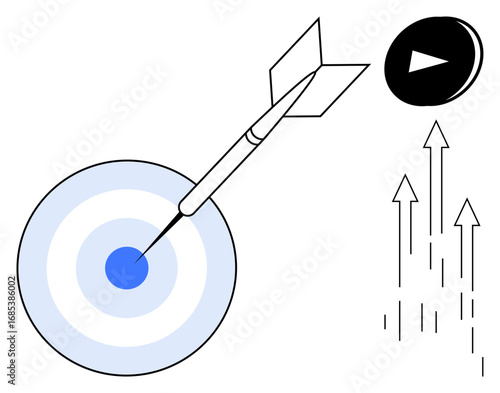 Dart hitting bullseye on target, upward-pointing arrows, and play button suggest focus, goals, success, and momentum. Ideal for achievement, strategy, action motivation planning productivity