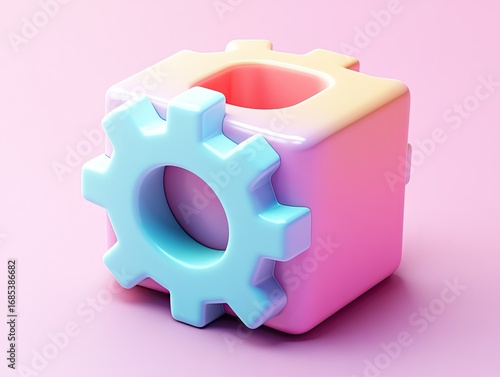 Cute 3D Startup Gear Icon in a Blind Box with Flat Design Aesthetics