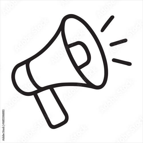 Simple line art megaphone icon announcing important information silhouette white background