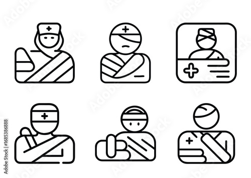 Icon Set Depicting People with Injuries and Medical Conditions requiring Assistance